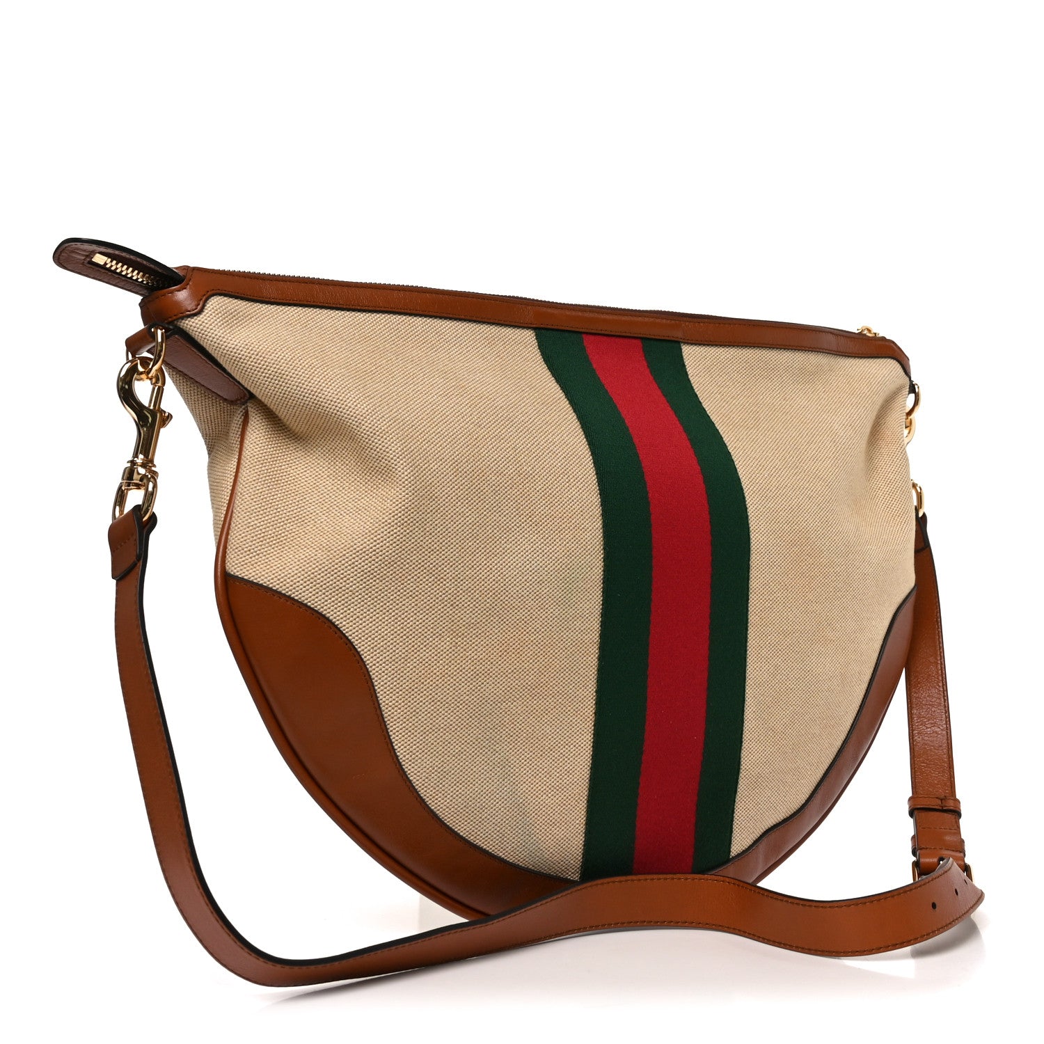 Gucci Vintage Canvas Calfskin Web Large Ophidia Half Moon Hobo Sand Light Cuir