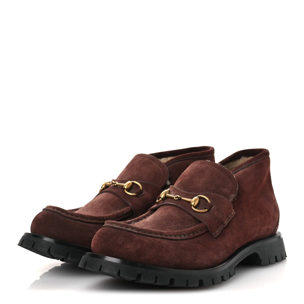 Gucci Suede Shearling Mens Harald Horsebit Ankle Boots 12 Light Brown Butterscotch