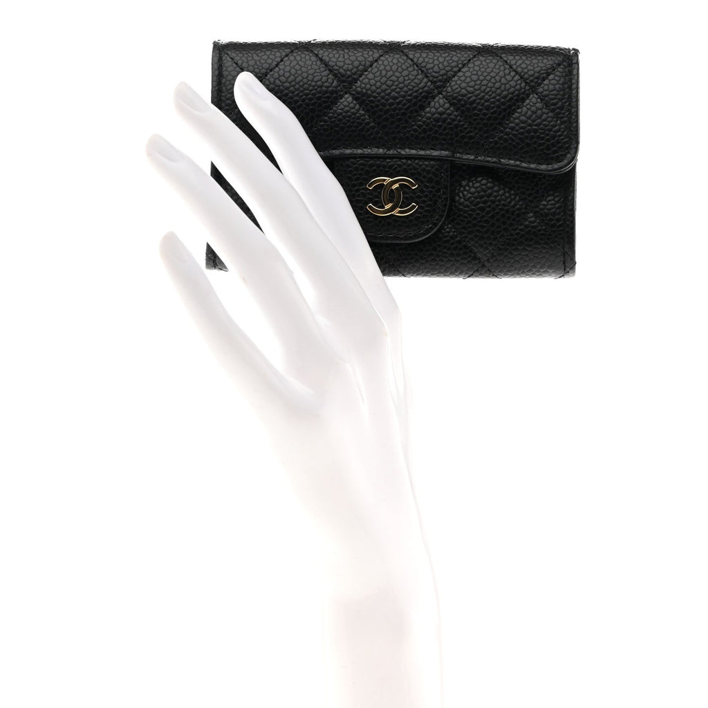 Caviar Quilted Flap Card Holder Wallet Black