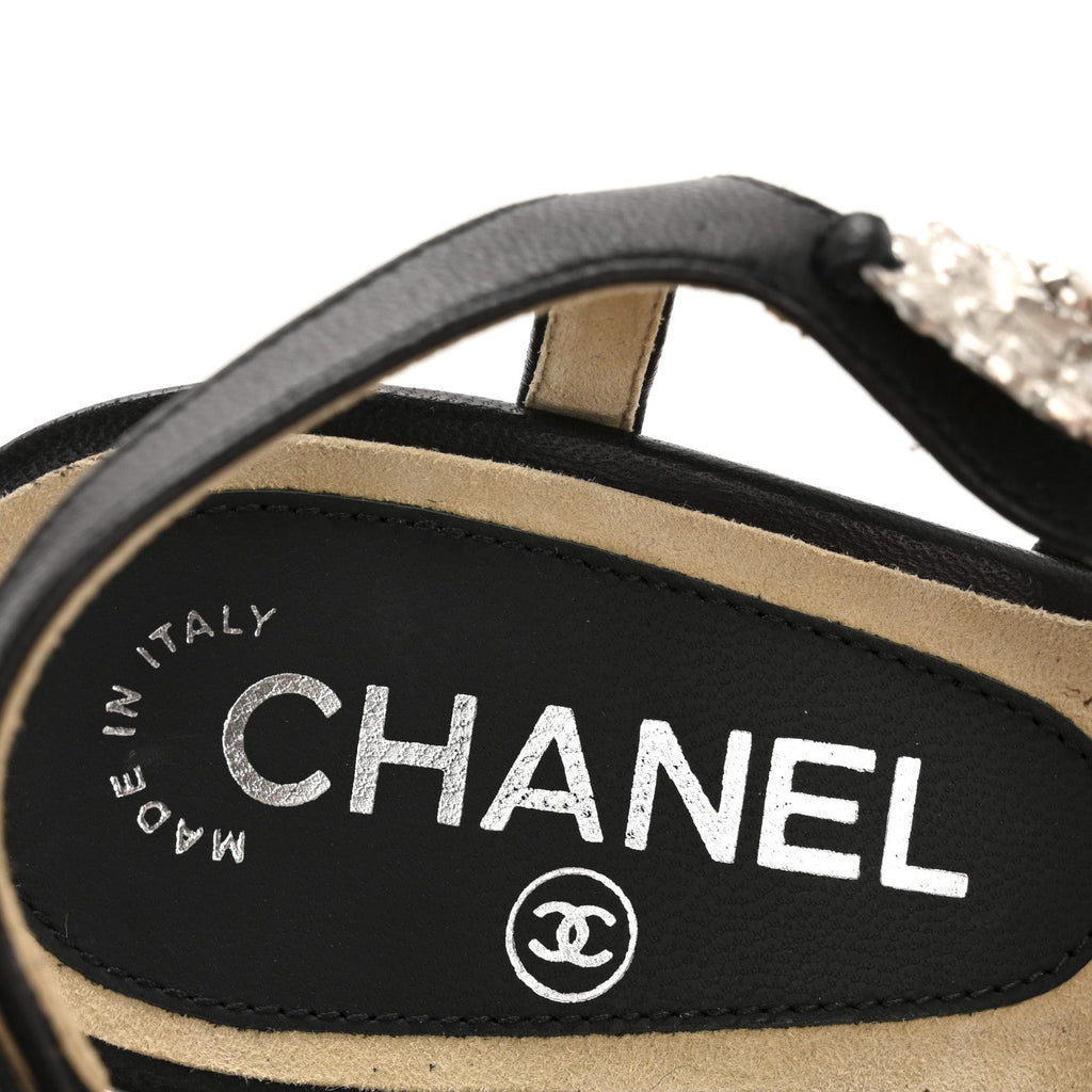 Lambskin Cork Camellia Wedge Sandals 37.5 Black