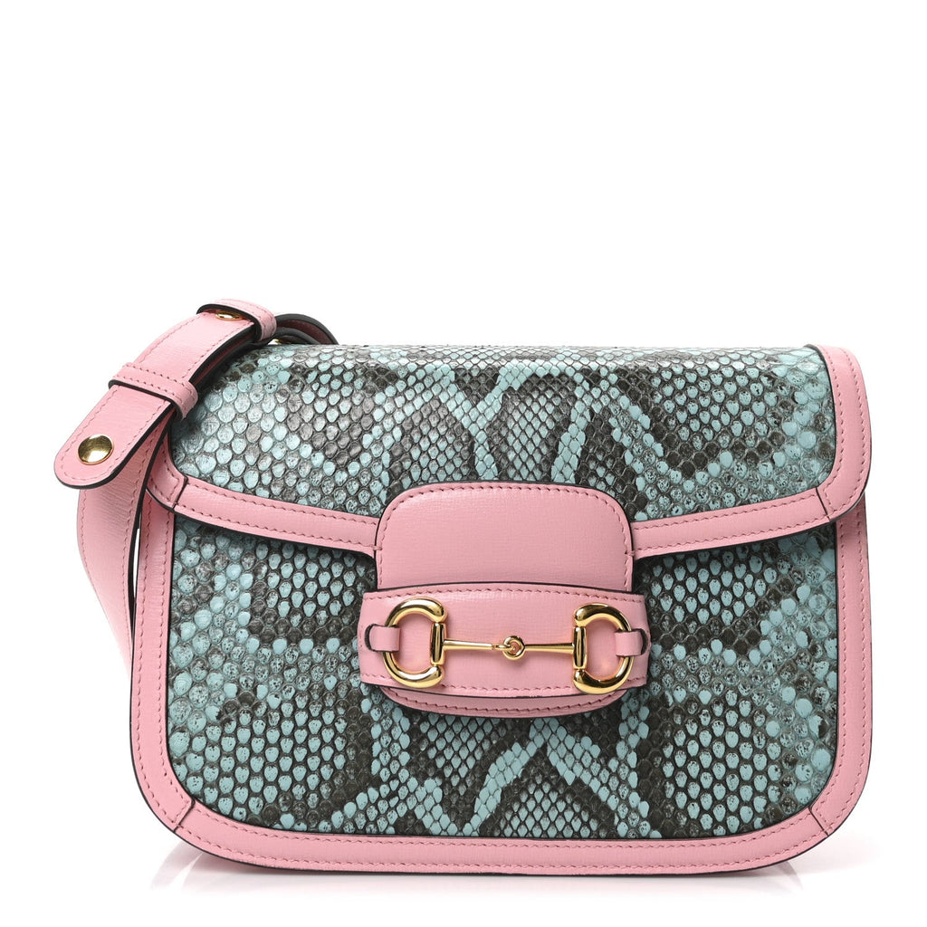 Gucci Snakeskin Calfskin Horsebit 1955 Shoulder Bag Blue Pink