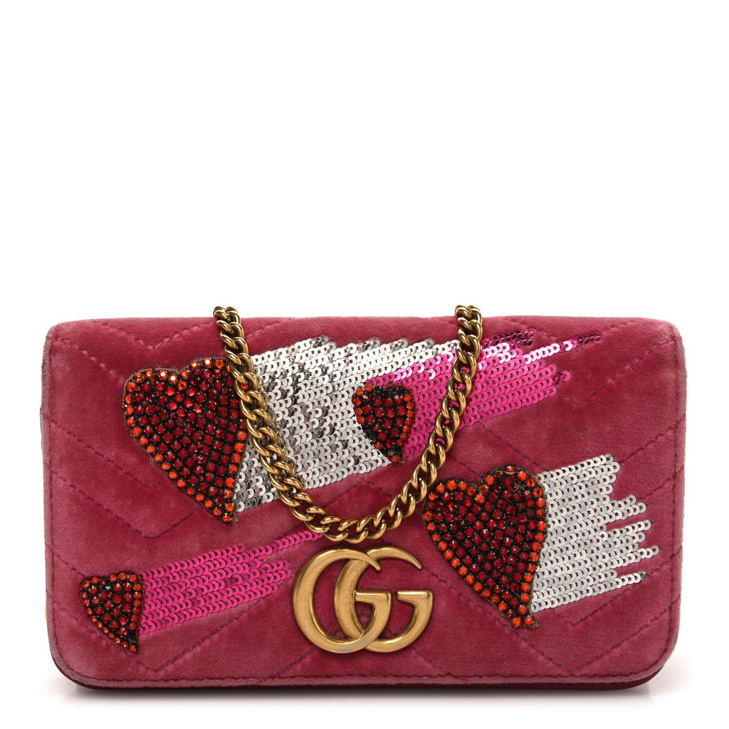 Gucci Velvet Matelasse Crystal Sequin Heart Embroidered GG Marmont Mini Bag Light Raspberry Rose