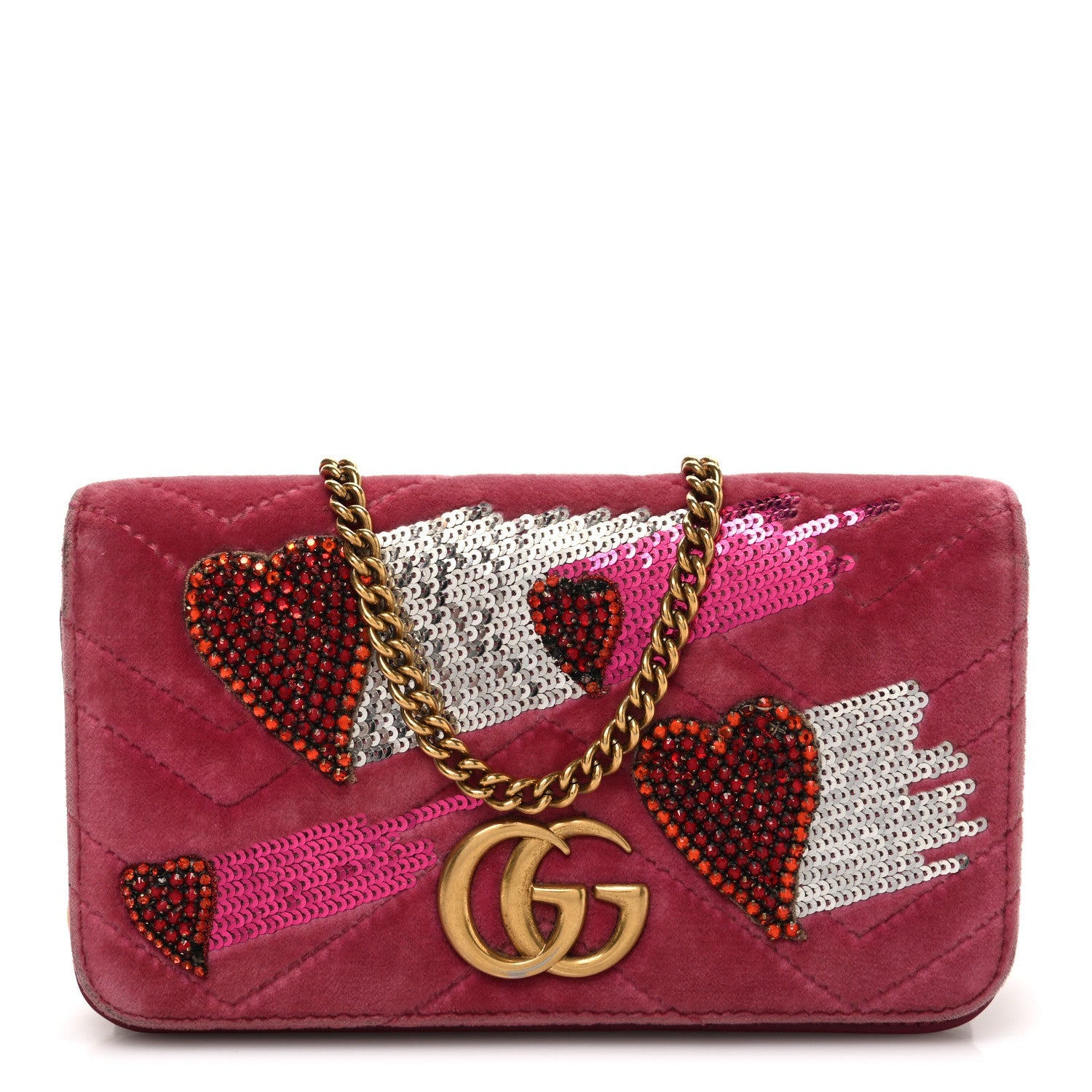 Gucci Velvet Matelasse Crystal Sequin Heart Embroidered GG Marmont Mini Bag Light Raspberry Rose