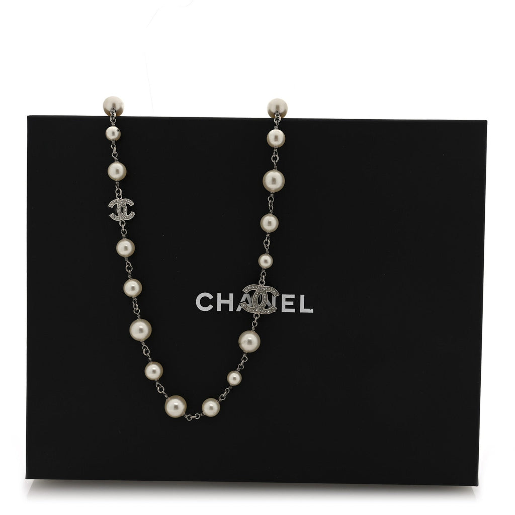 Graduated Pearl Crystal CC Long Necklace Silver