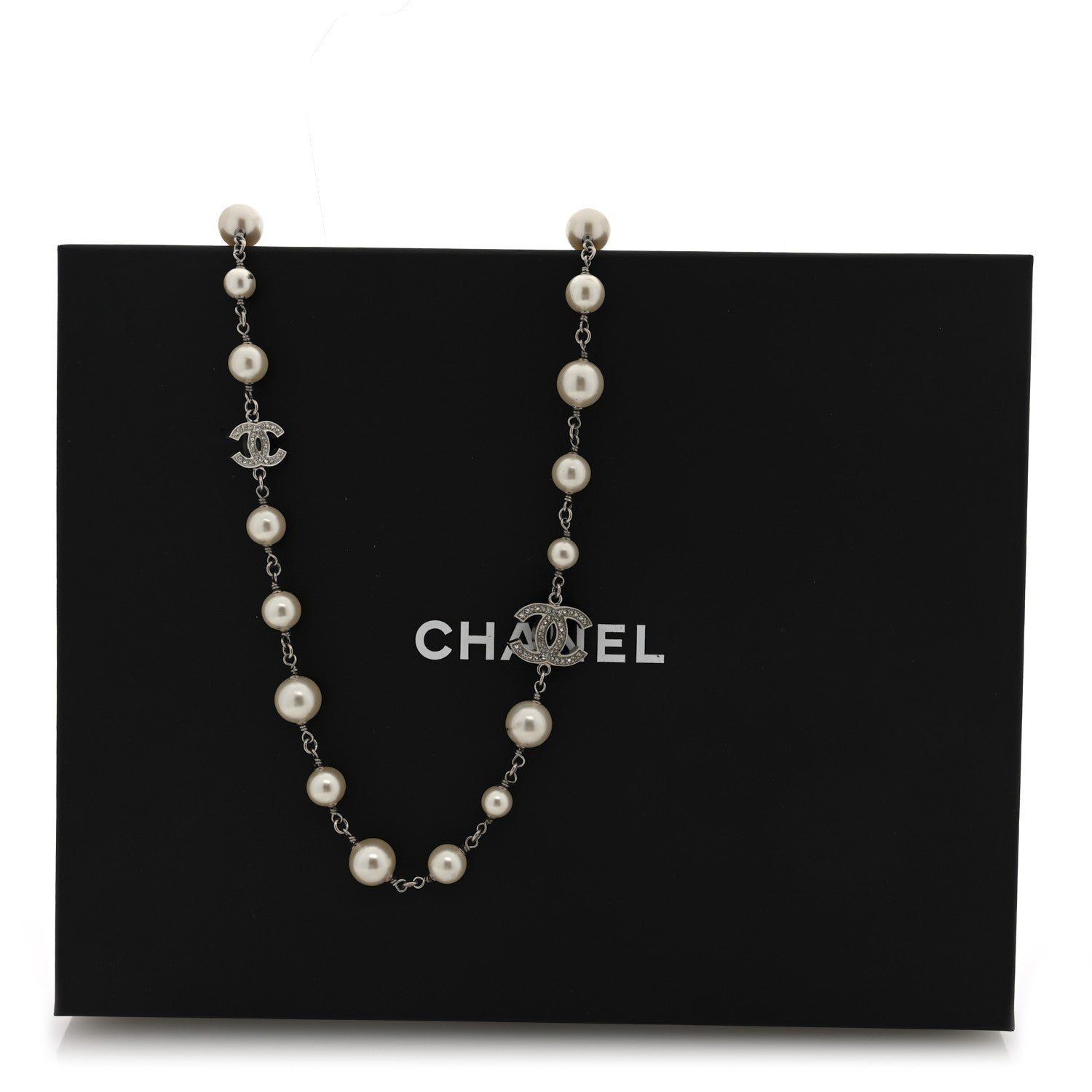 Graduated Pearl Crystal CC Long Necklace Silver