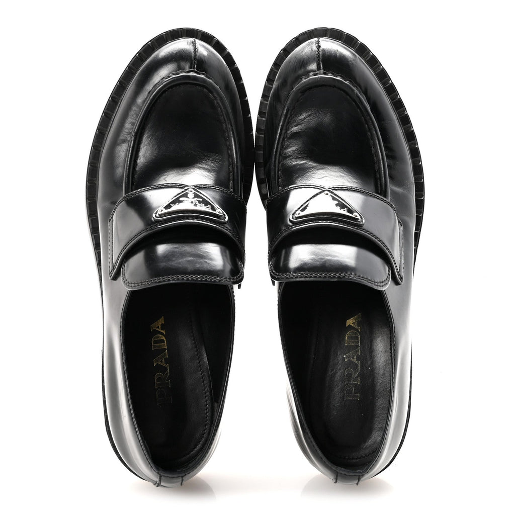Prada Spazzolato Metal Triangle Logo 50mm Loafers 40 Black