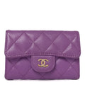 Caviar Quilted Flap Card Holder Wallet Purple