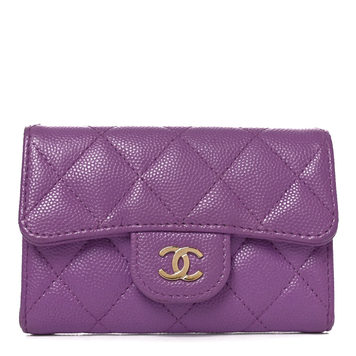 Caviar Quilted Flap Card Holder Wallet Purple