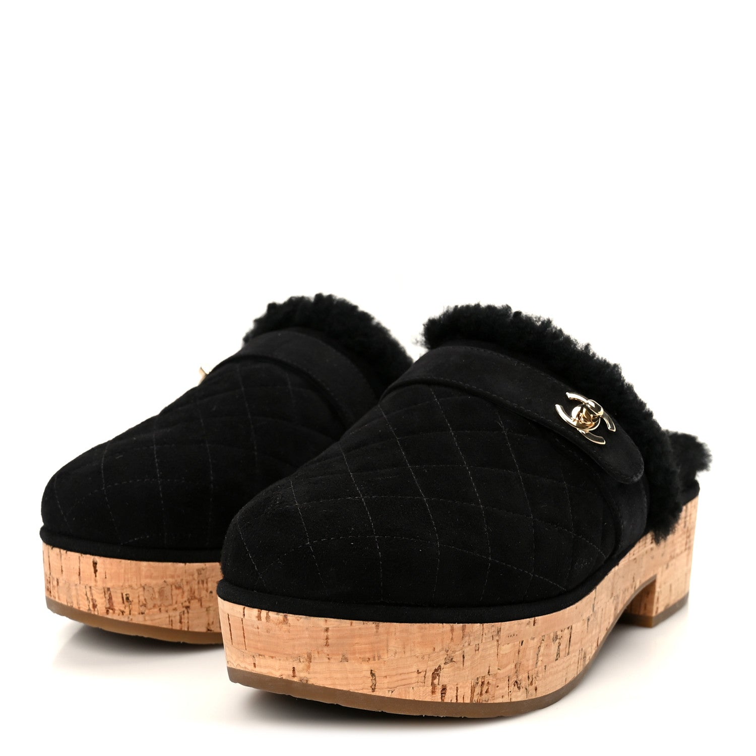 Chanel Suede Calfskin Shearling Turn Lock Clogs 38 Black