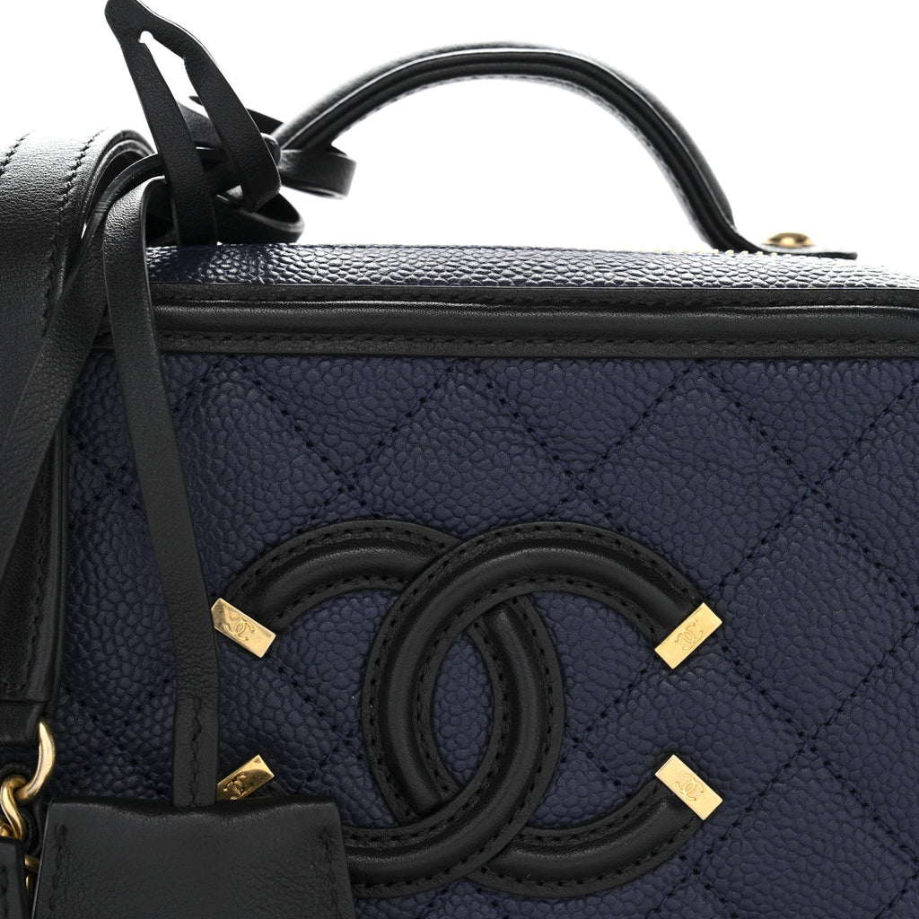 Chanel Caviar Quilted Small CC Filigree Vanity Case Navy Black