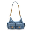 Chanel Washed Denim Quilted Large Trendy Pockets Hobo Blue