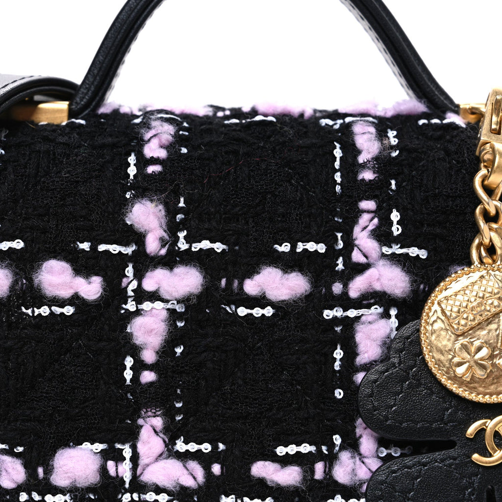 Chanel Tweed Calfskin School Memory Mini Top Handle Flap Black Pink White