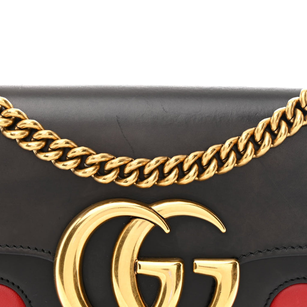 Gucci Knight Calfskin Malaga Kid Heart Medium GG Marmont Chain Handle Bag Black Hibiscus Red Multicolor