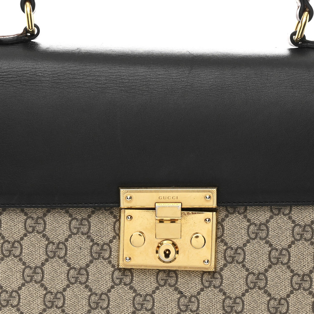 Gucci GG Supreme Monogram Calfskin Medium Padlock Top Handle Bag Beige Black Cuir