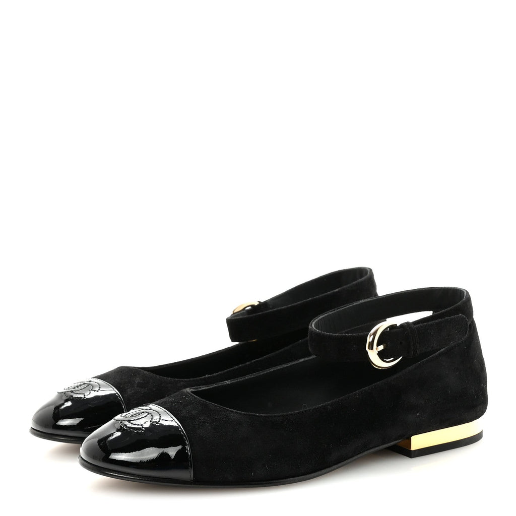 Chanel Suede Patent Cap Toe CC Mary Jane Flats 37 Black
