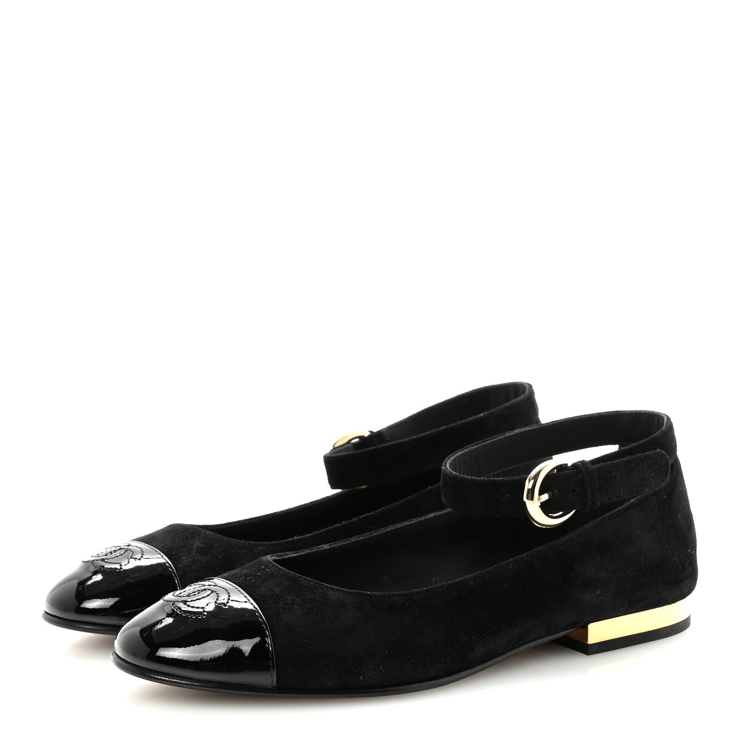 Chanel Suede Patent Cap Toe CC Mary Jane Flats 37 Black