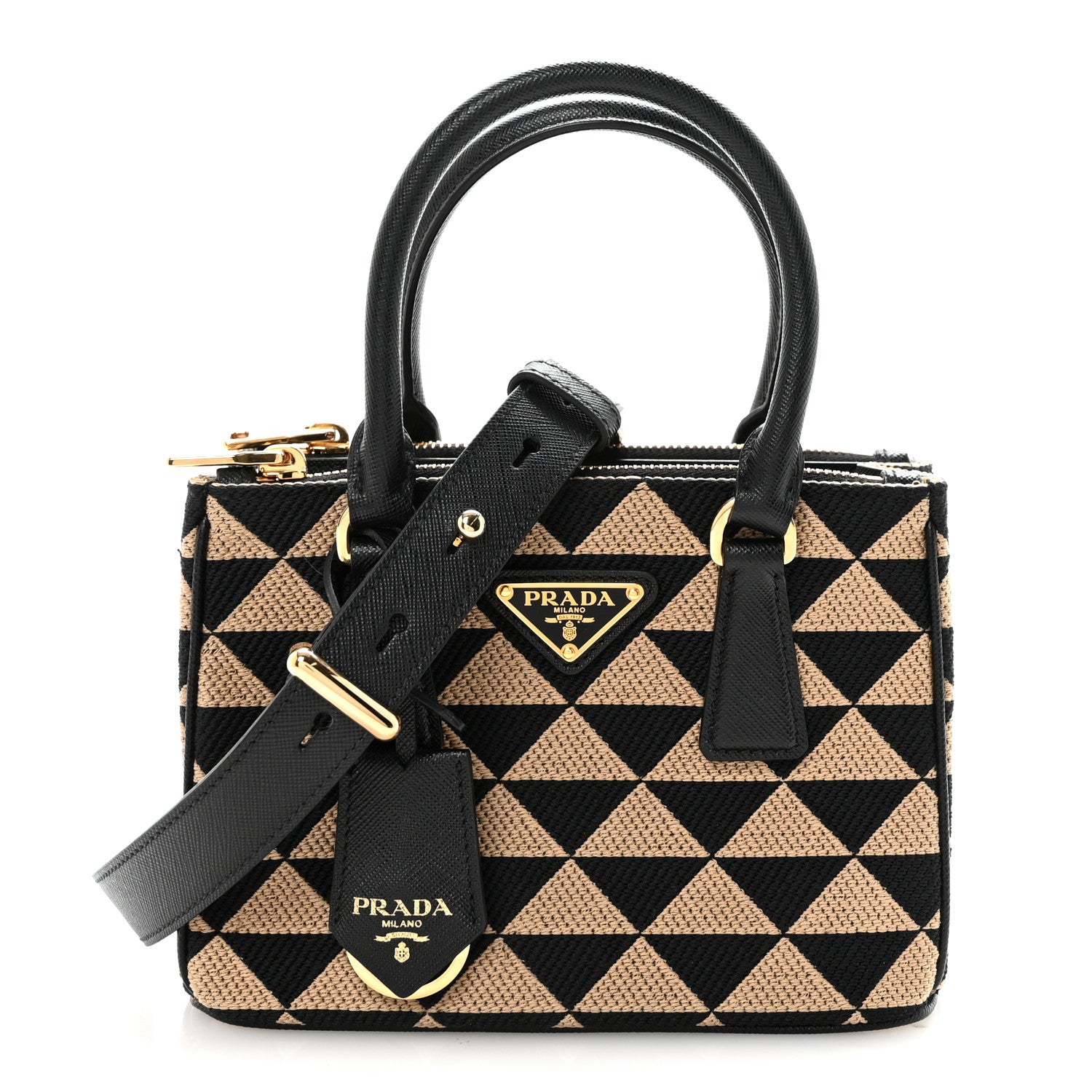 Prada Jacquard Saffiano Triangolo Symbole Embroidered Mini Galleria Double Zip Tote Black Corda
