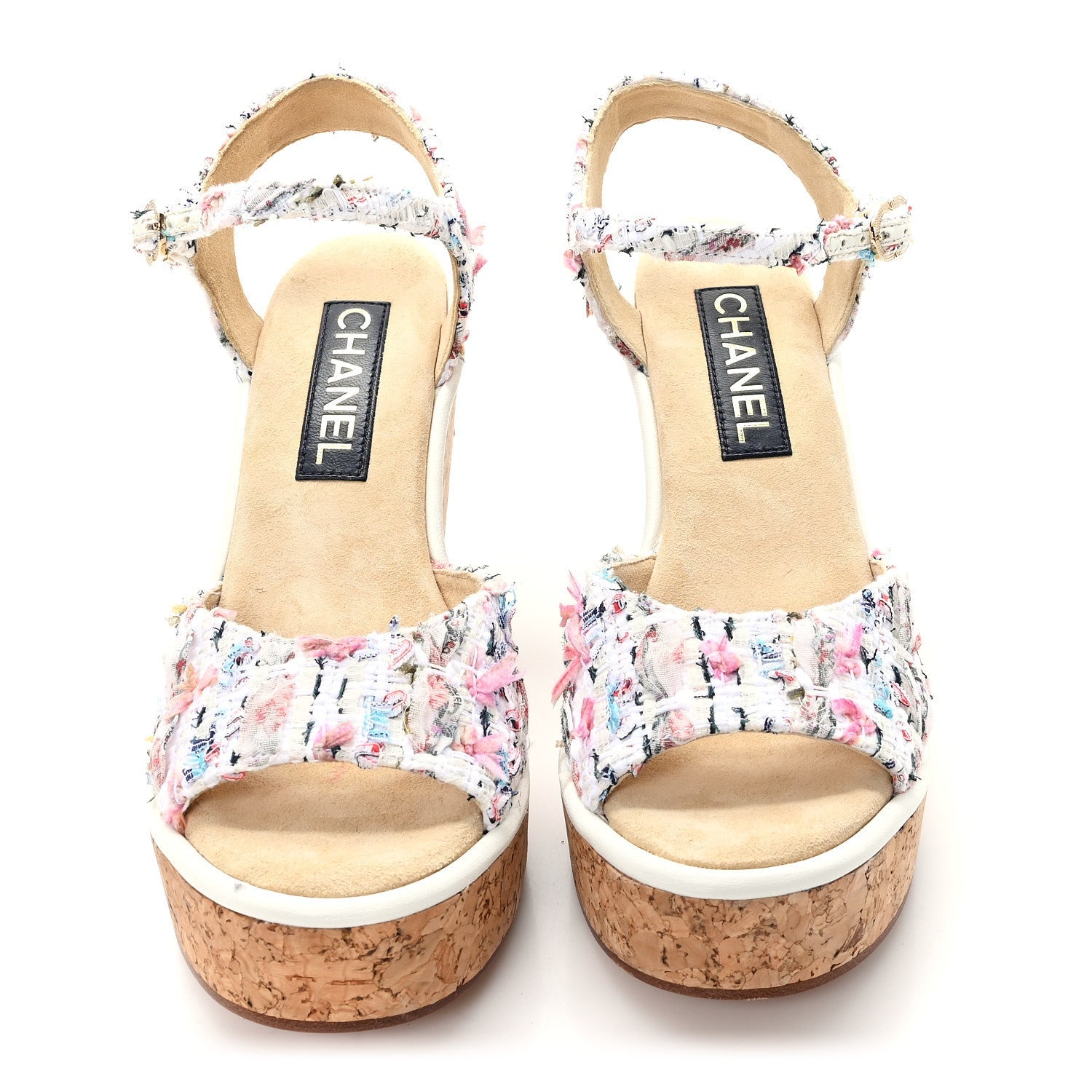 Chanel Tweed Cork CC Wedge Sandals 39 Ecru Pink Blue Green