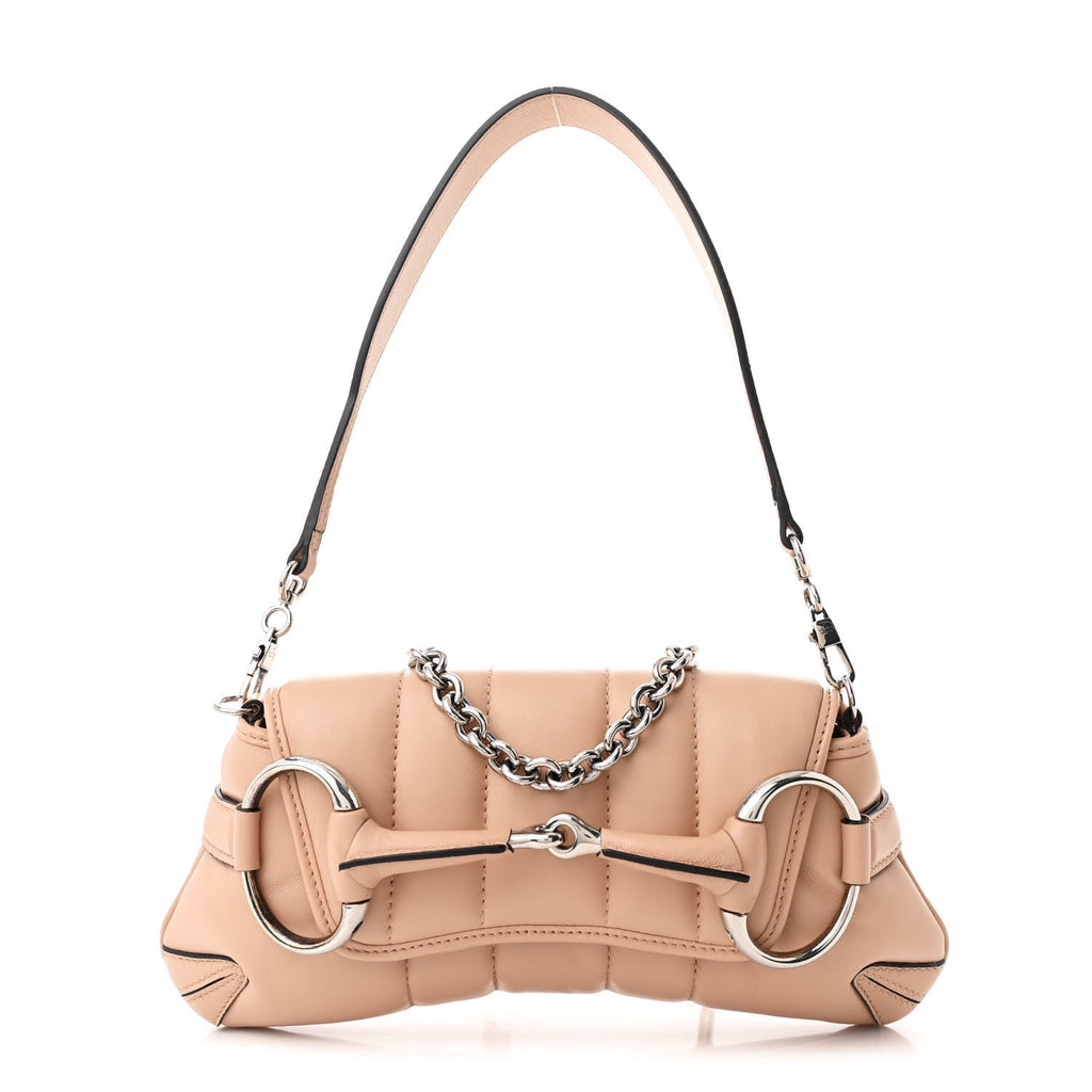 Gucci Nappa Vertical Matelasse Small Maxi Horsebit Chain Shoulder Bag Beige