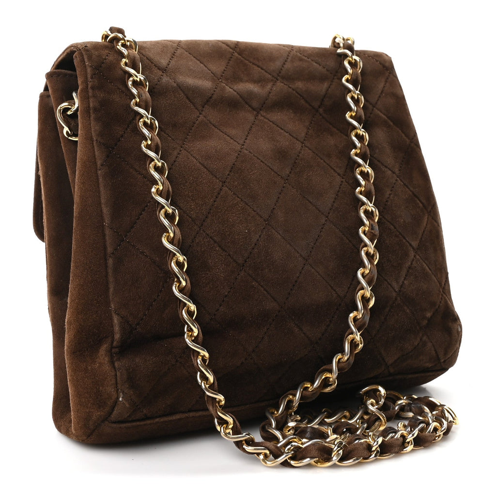 Chanel Suede Quilted CC Shoulder Bag Brown