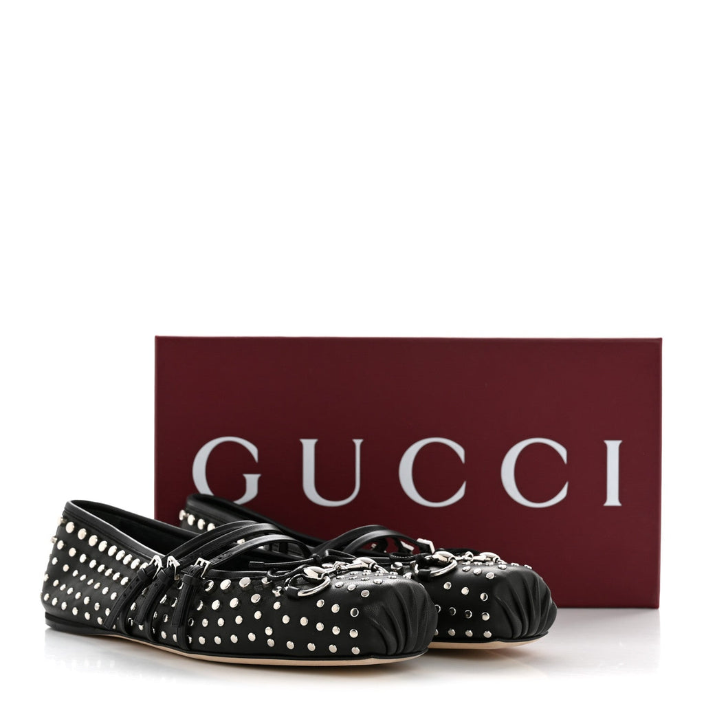 Gucci Nappa Carmaque Studded Horsebit Ballet Flats 39.5 Black