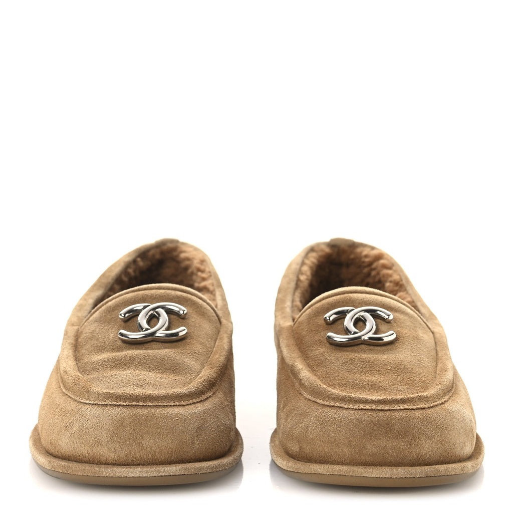 Chanel Suede Calfskin CC Loafers 36.5 Dark Beige