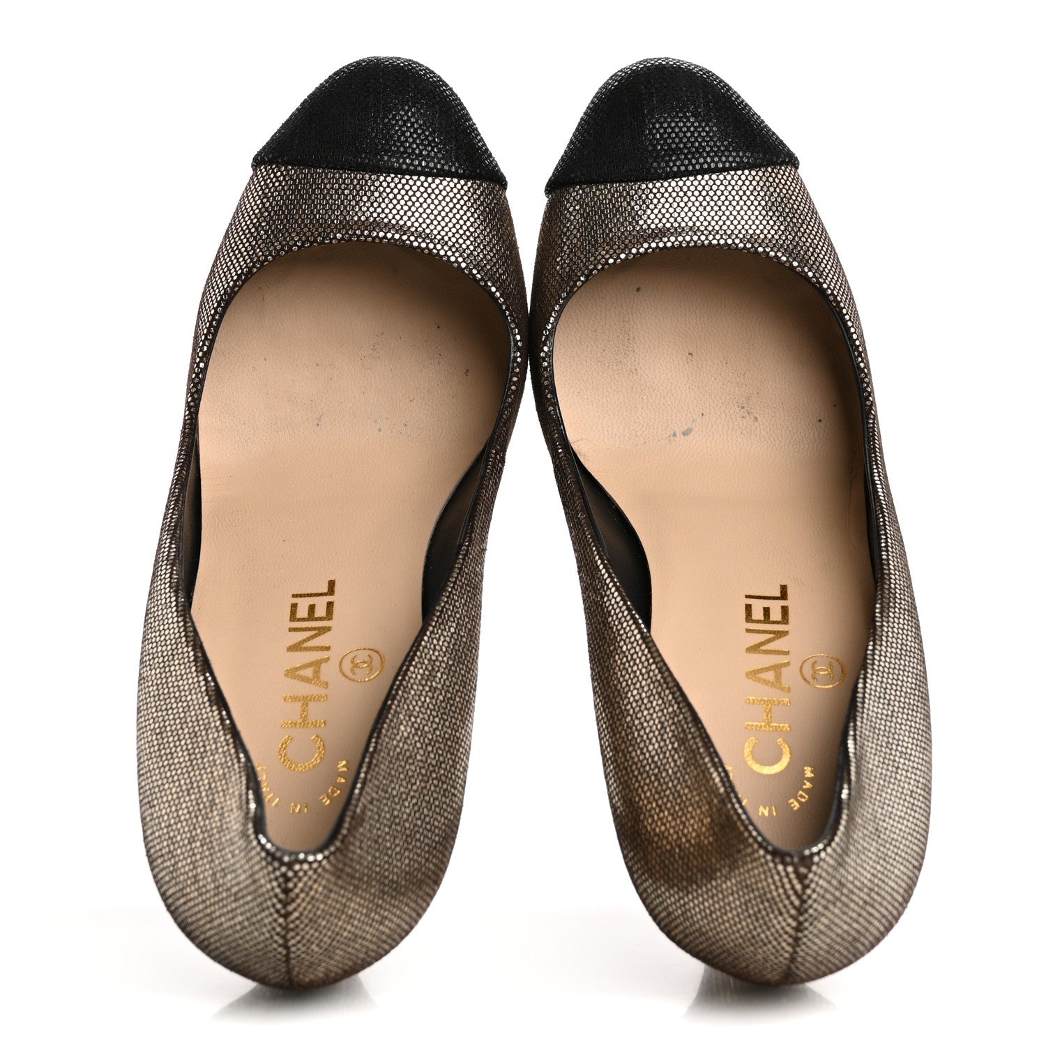 Chanel Textured Suede Cap Toe CC Pumps 38.5 Light Gold Black