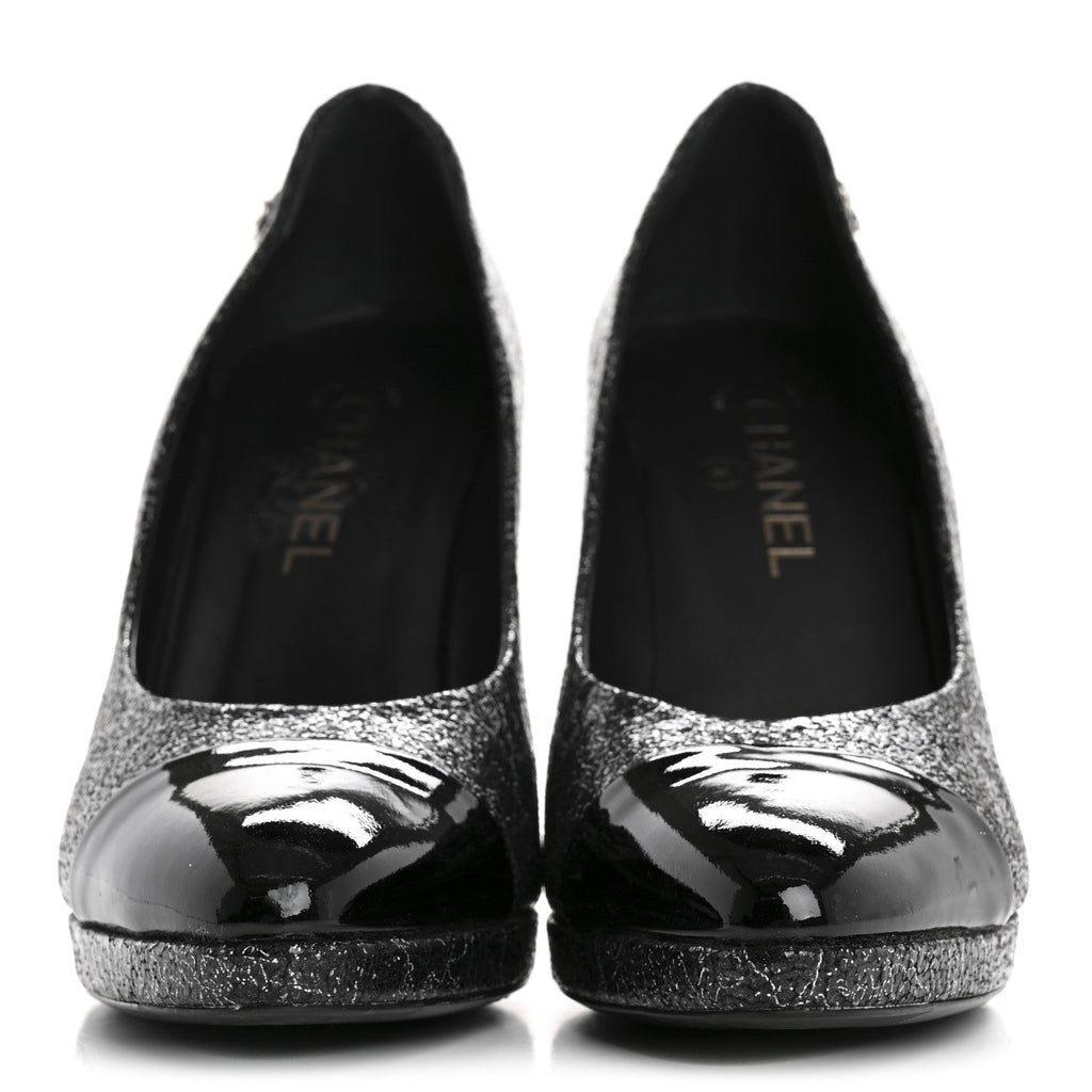 Metallic Crackled Calfskin Patent Cap Toe Pumps 41 Silver Black