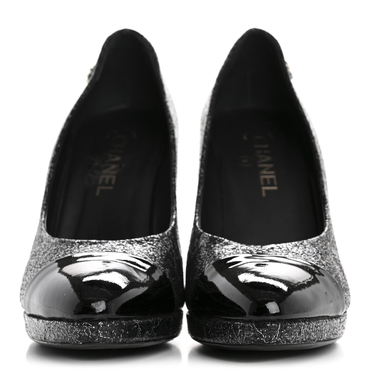 Metallic Crackled Calfskin Patent Cap Toe Pumps 41 Silver Black
