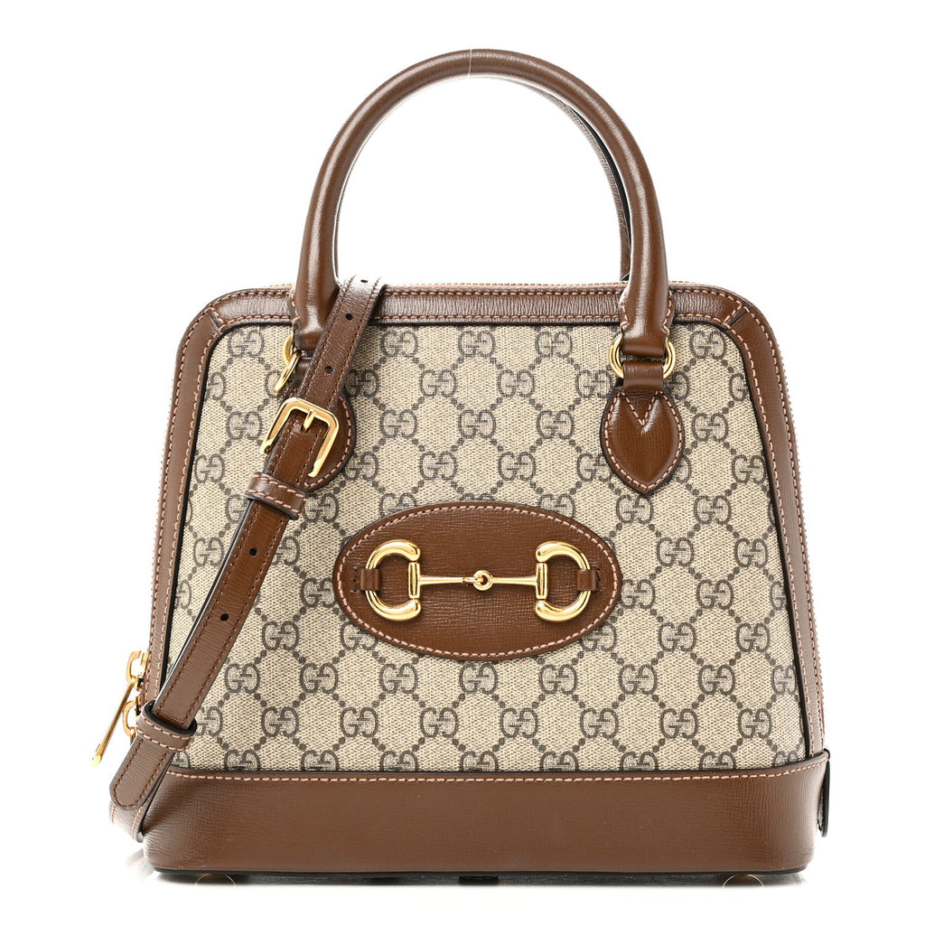 Gucci GG Supreme Monogram Azalea Calfskin Small Horsebit 1955 Top Handle Bag Beige Ebony Brown Sugar