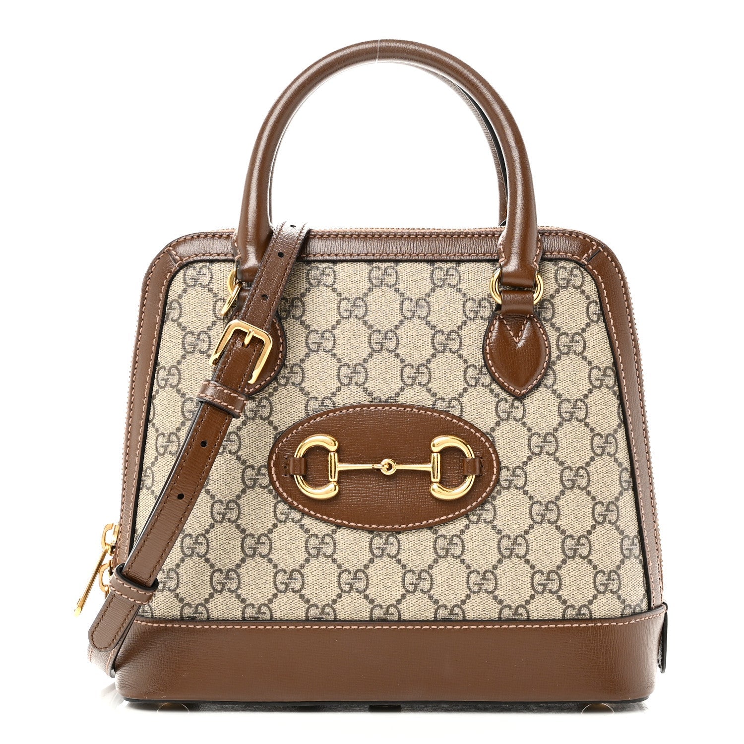 Gucci GG Supreme Monogram Azalea Calfskin Small Horsebit 1955 Top Handle Bag Beige Ebony Brown Sugar