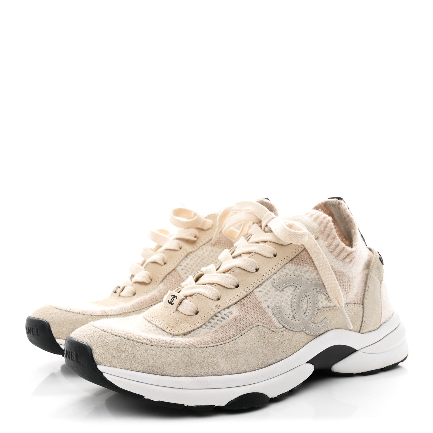 Knit Fabric Suede Calfskin Womens CC Sneakers 38.5 Ivory