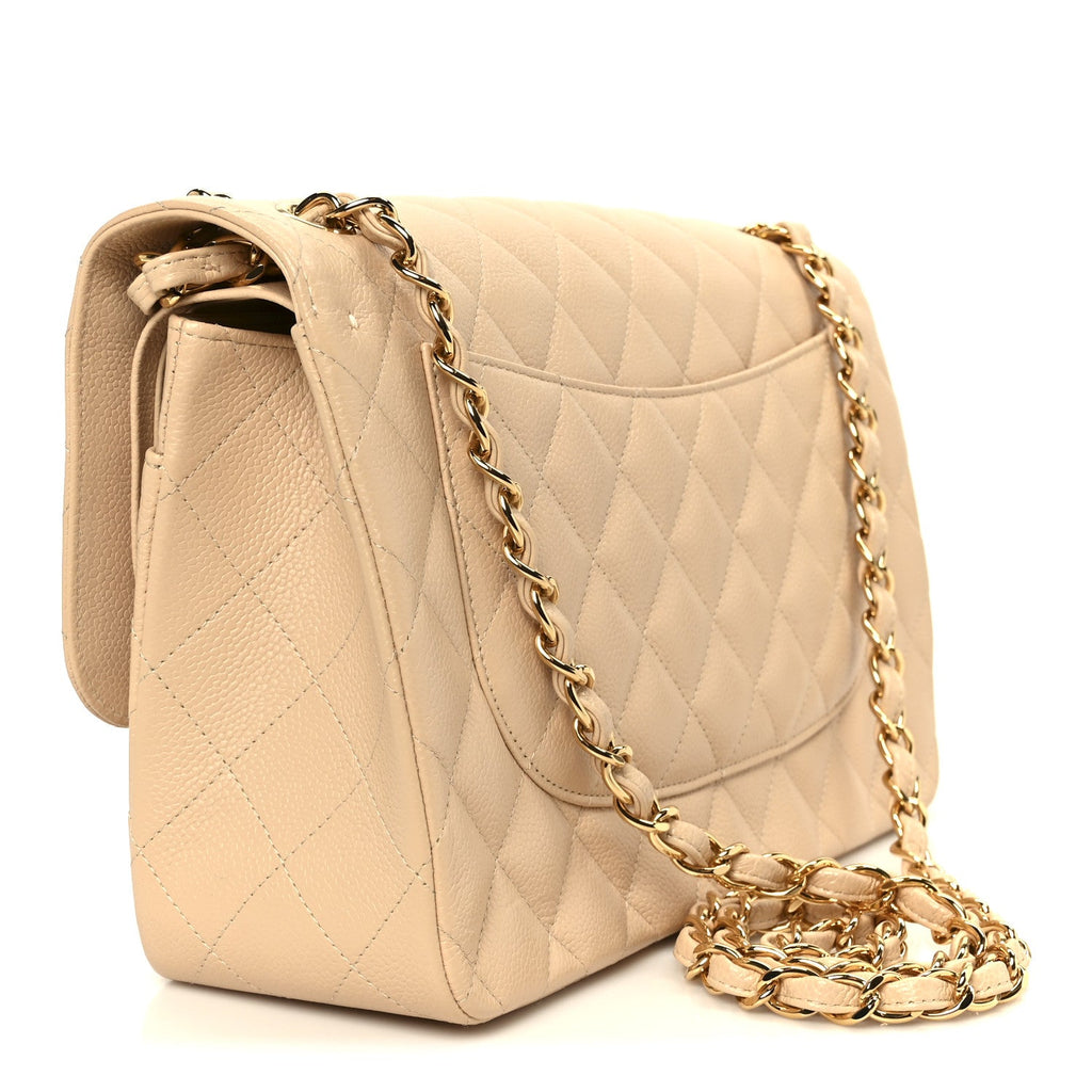 Chanel Caviar Quilted Jumbo Double Flap Beige