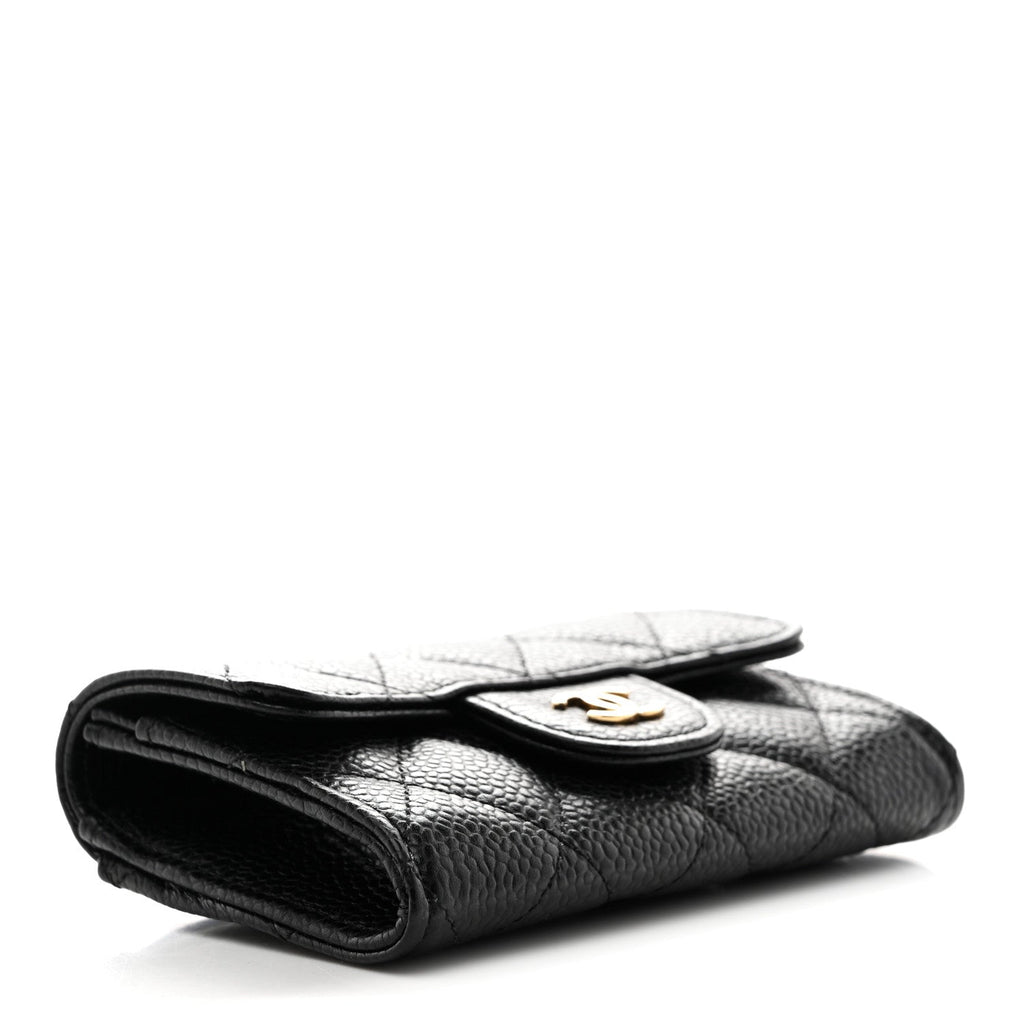 Caviar Quilted Flap Card Holder Wallet Black