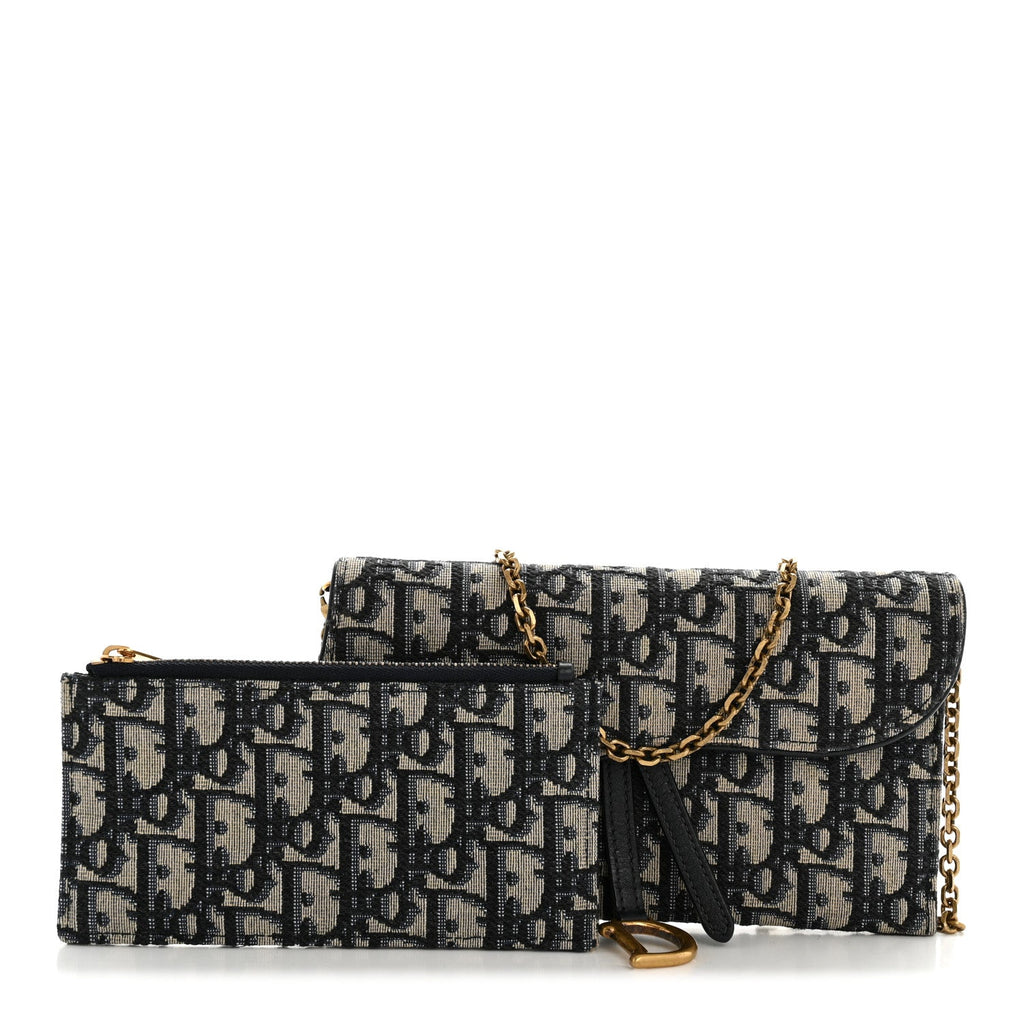 Christian Dior Oblique Saddle Chain Long Wallet Blue