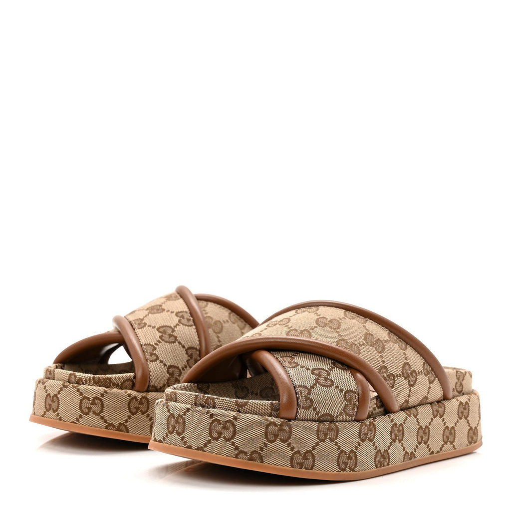 Gucci Monogram GG Calfskin Angelina Platform 55mm Slide Sandals 35 Camel Ebony