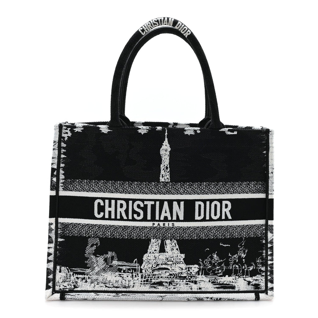 Christian Dior Canvas Embroidered Medium Paris Book Tote Black White