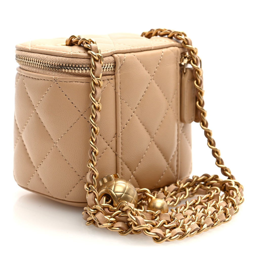 Chanel Lambskin Quilted Pearl Crush Mini Vanity Case With Chain Beige