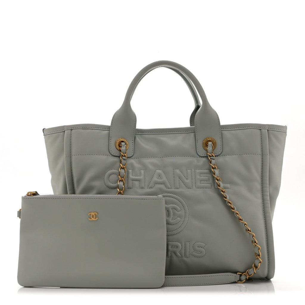 Chanel Calfskin Embossed Small Deauville Tote Light Blue
