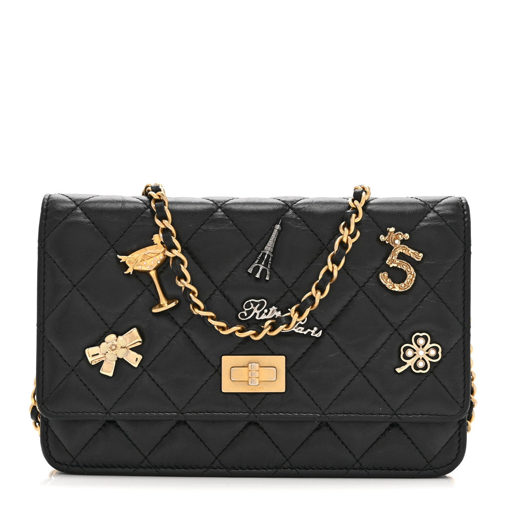 Chanel Aged Calfskin Quilted Lucky Charms 2.55 Reissue Wallet On Chain WOC Black