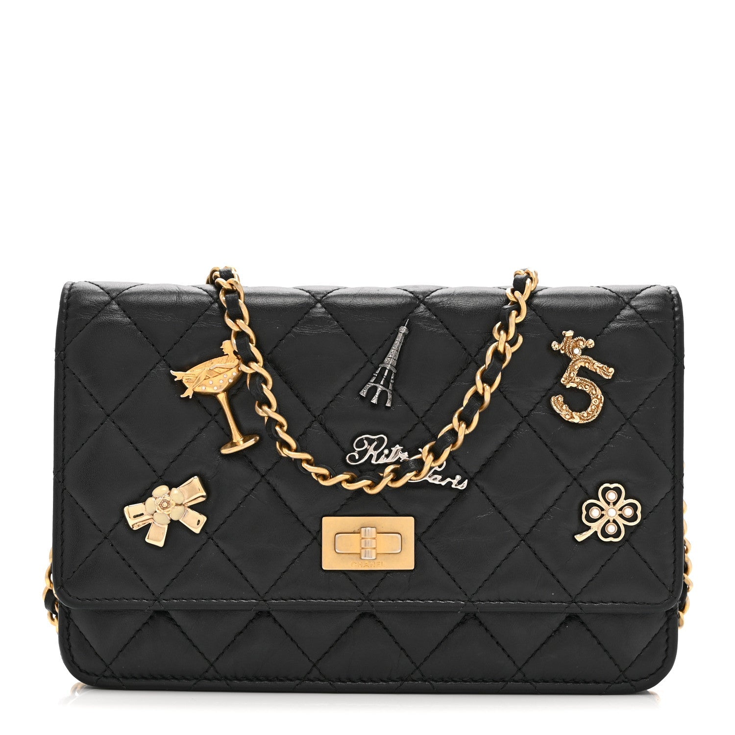Chanel Aged Calfskin Quilted Lucky Charms 2.55 Reissue Wallet On Chain WOC Black