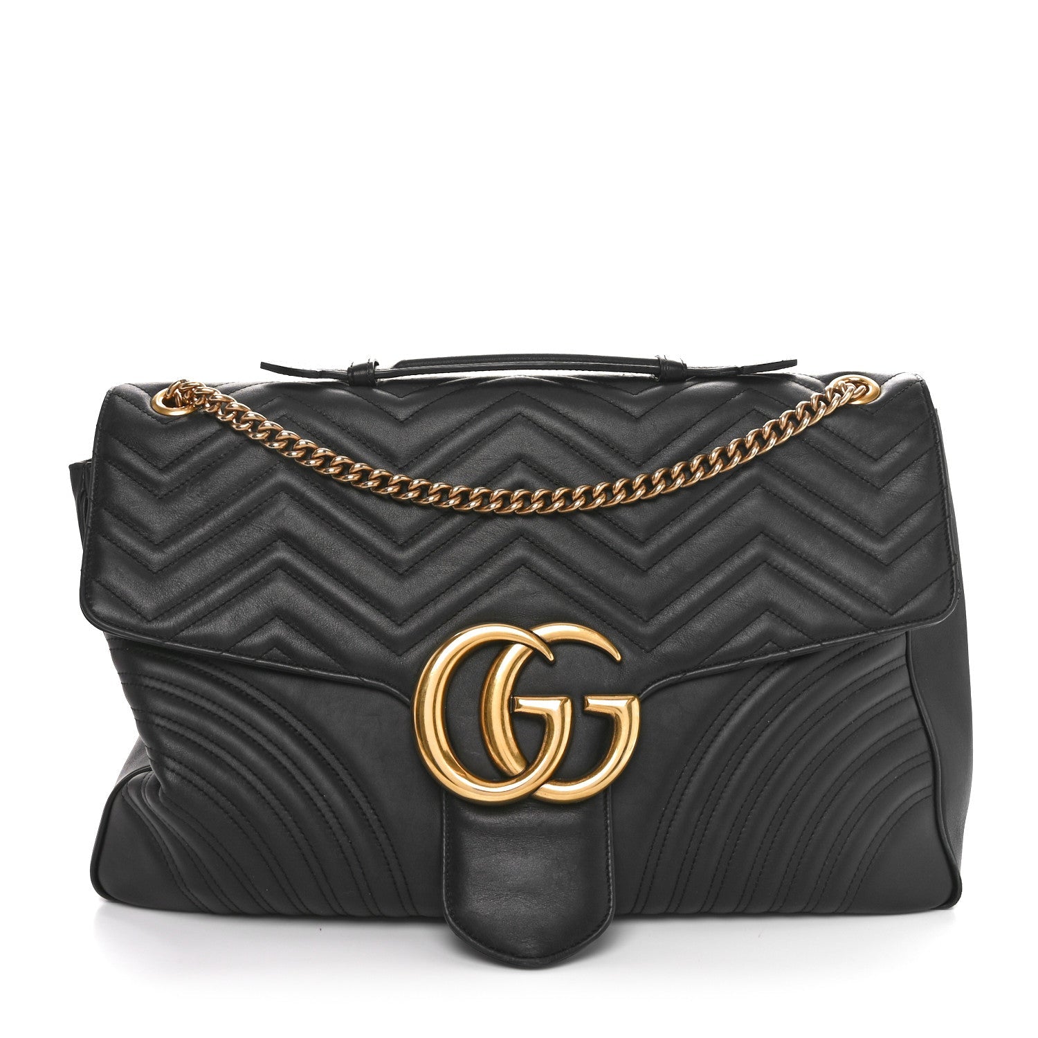Gucci Calfskin Matelasse Maxi GG Marmont Top Handle Shoulder Bag Black