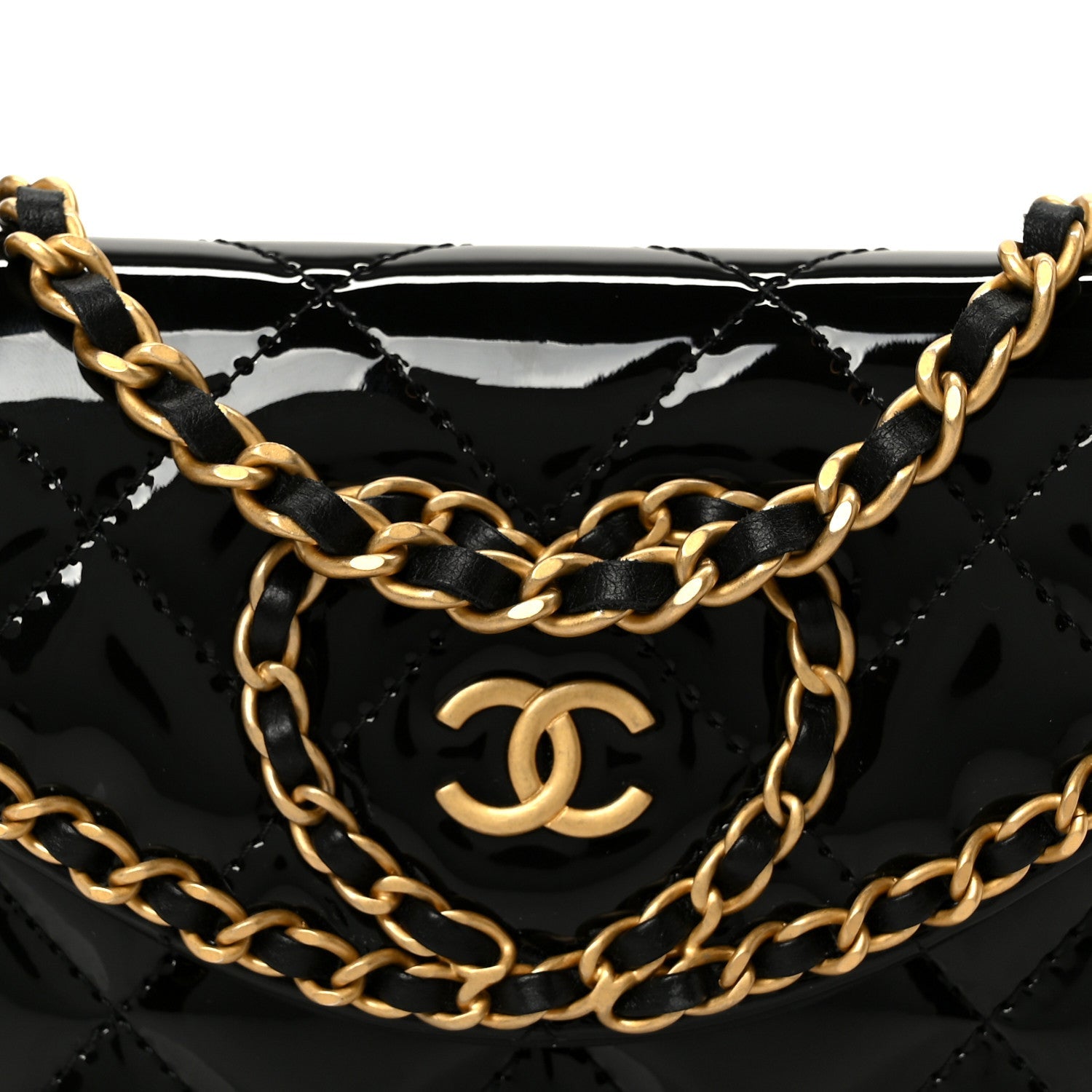 Chanel Patent Quilted Chain Around Heart Mini Chain Flap Black