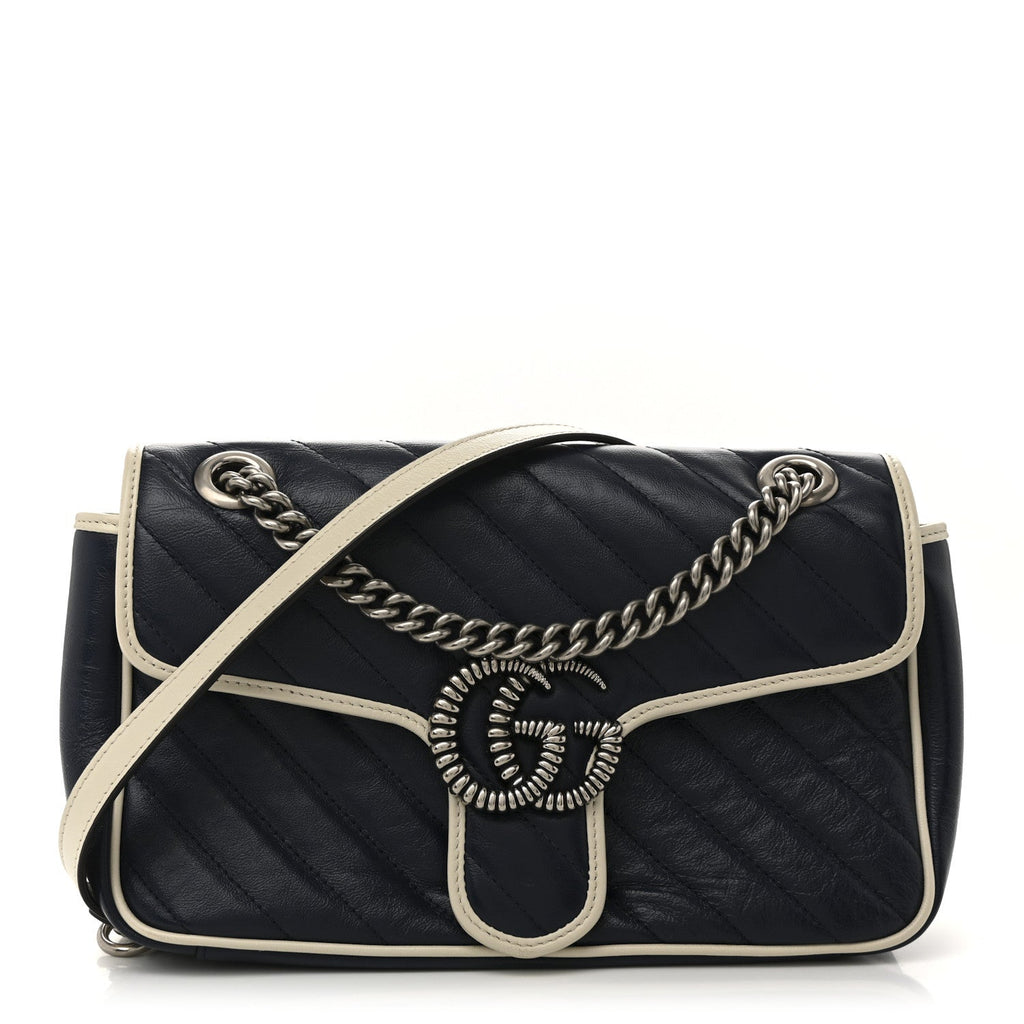 Gucci Vintage Effect Calfskin Matelasse Diagonal Small Torchon GG Marmont Shoulder Bag Blue Agata Mystic White