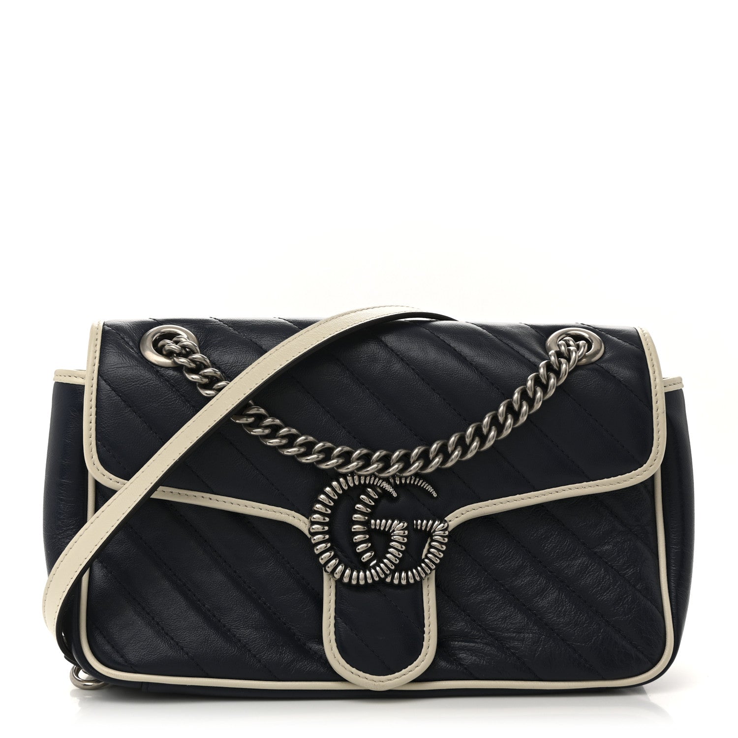 Gucci Vintage Effect Calfskin Matelasse Diagonal Small Torchon GG Marmont Shoulder Bag Blue Agata Mystic White
