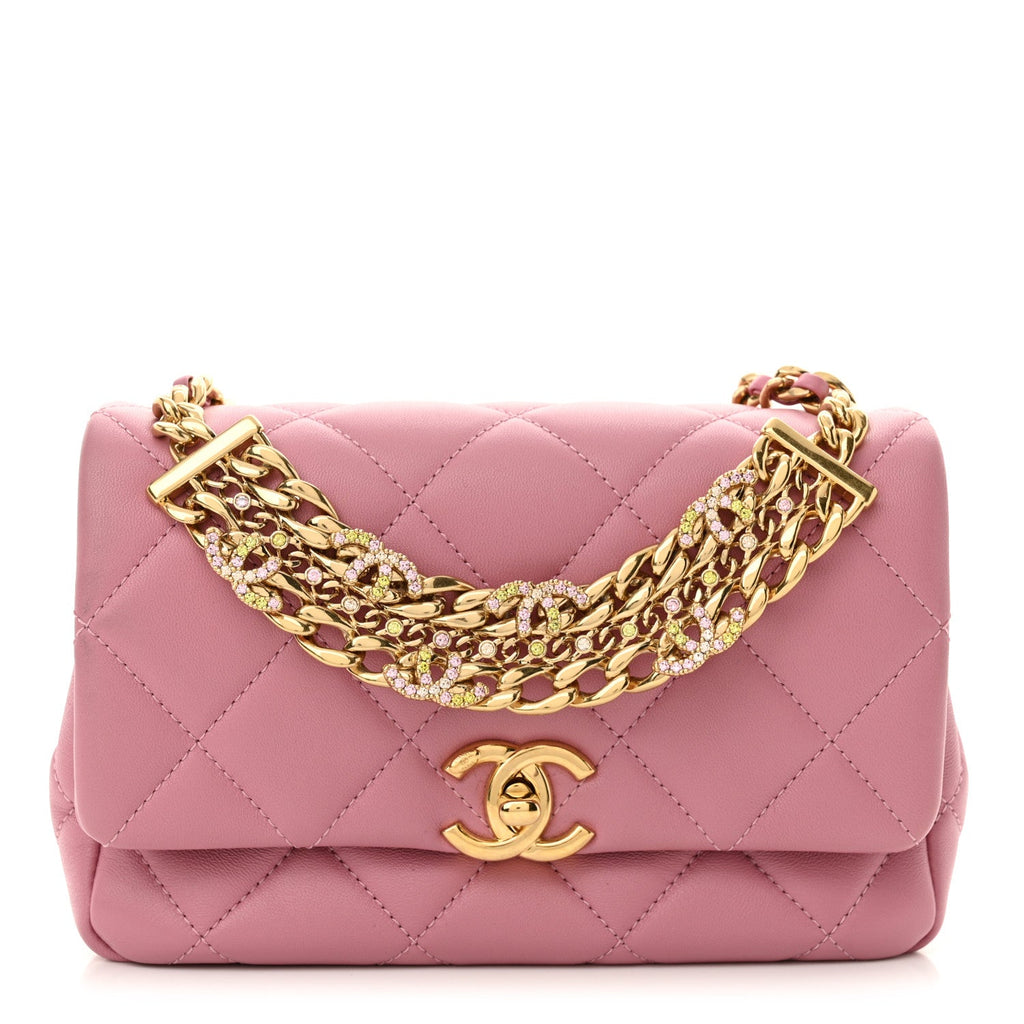 Chanel Lambskin Quilted Mini CC Crystal Logo Chain Flap Pink