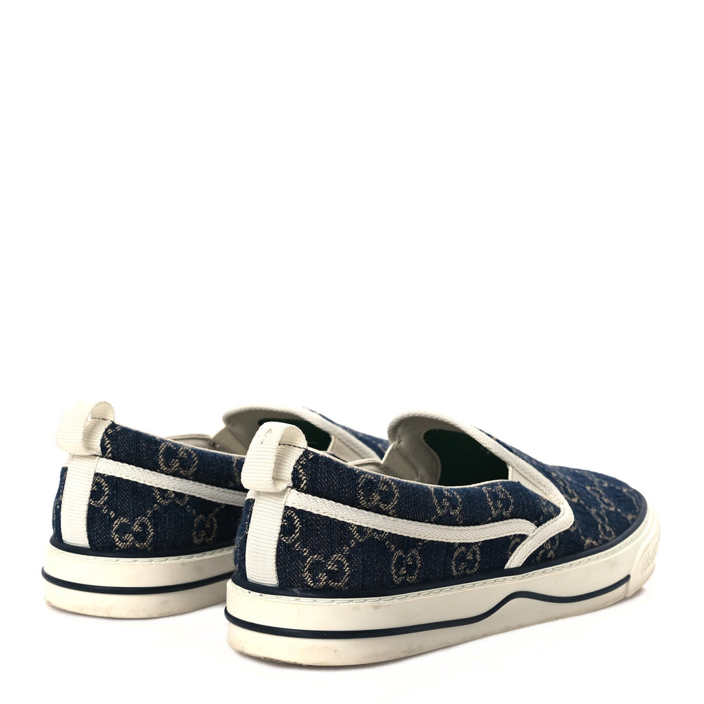 Gucci New Denim GG Monogram Mens 1977 Tennis Slip On Sneakers 8.5 Blue Tea Mystic White
