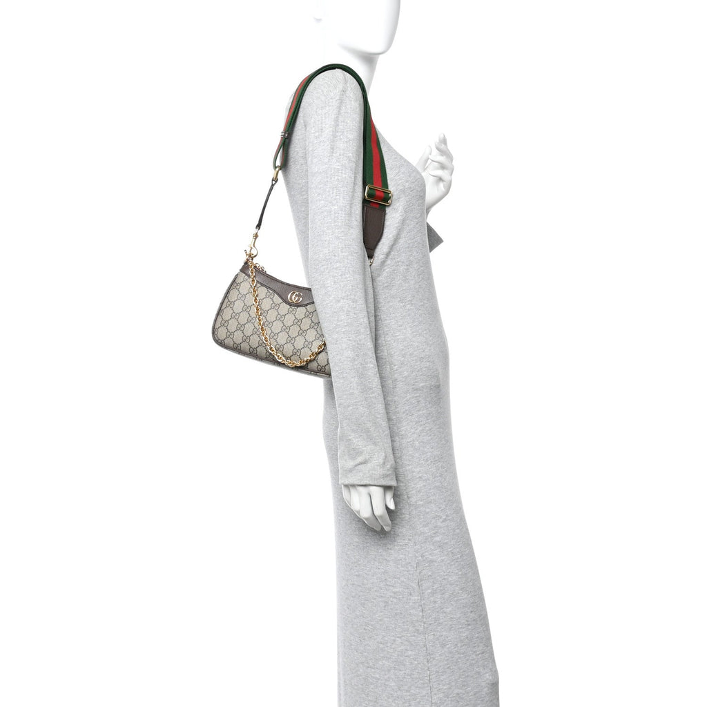 Gucci GG Supreme Monogram Textured Dollar Calfskin Web Small Ophidia GG Handbag Beige Ebony New Acero