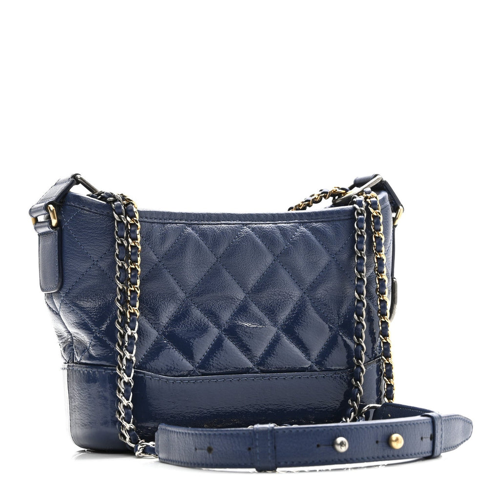 Chanel Patent Goatskin Quilted Small Gabrielle Hobo Blue
