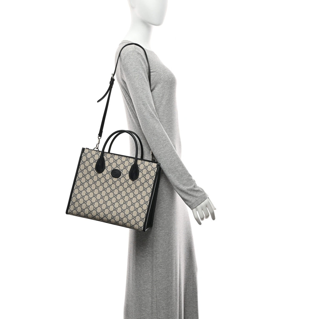 Gucci GG Supreme Monogram Textured Dollar Calfskin Small Retro Interlocking G Tote Bag Beige Blue